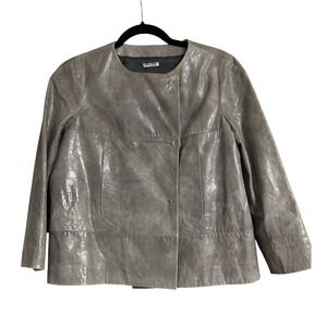 Miu Miu Grey Distressed Glossy Leather Collarless Boxy Jacket Made in Italy